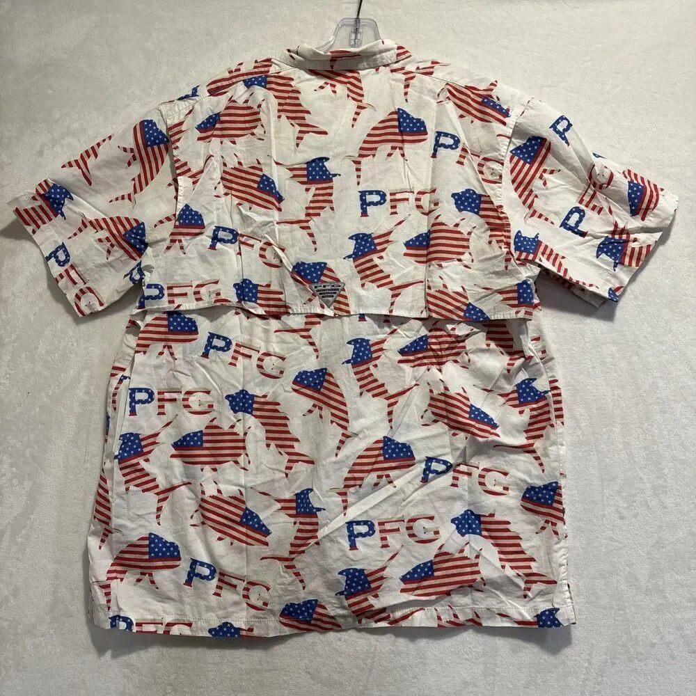 Columbia PFG American Flag Fish Shirt Men's Red White Blue Short Sleeve Large